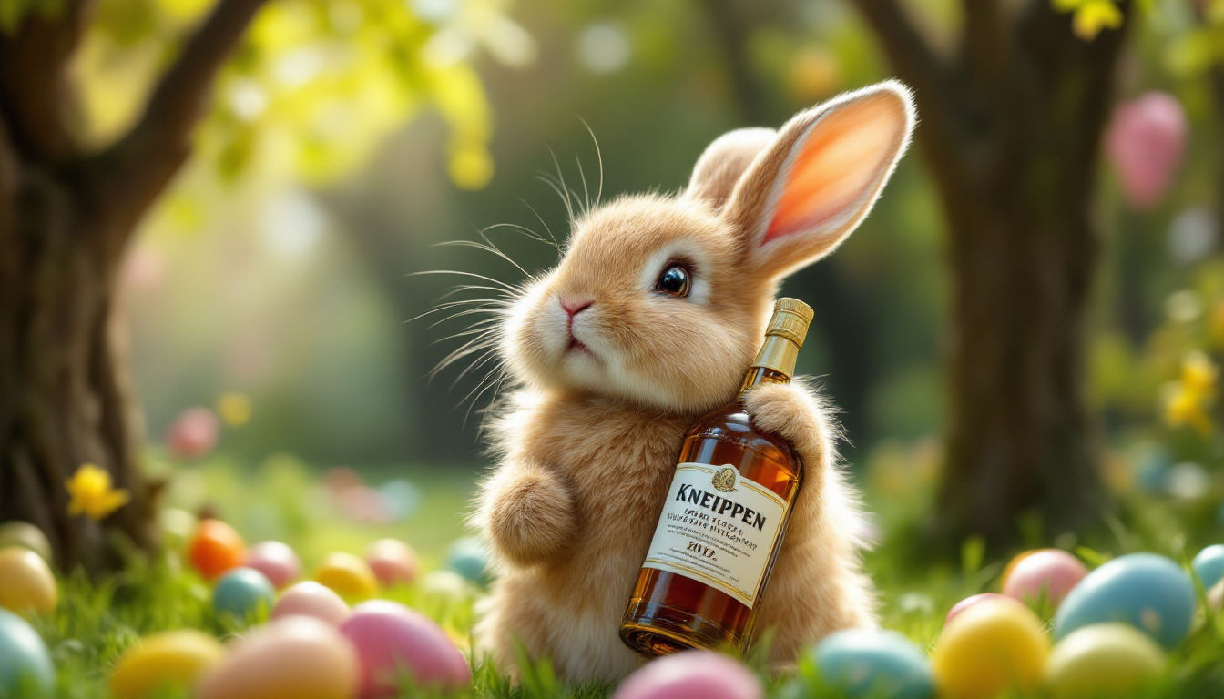 Easter bunny holding Kneippen whisky, AI-generated