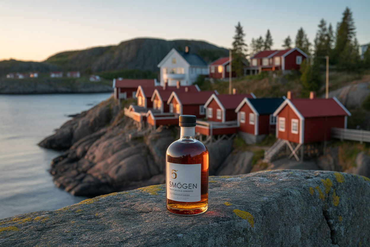 Ai generated image of a bottle with name Smögen on it and a scenery of Swedish smögen