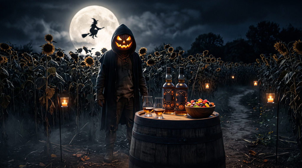 Dark Halloween whisky tasting scene with pumpkin-headed figure